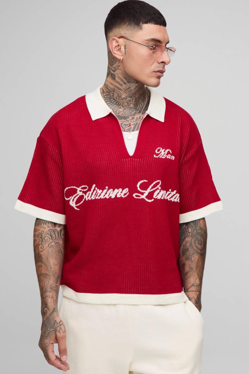 Tall kastiges geripptes Oversize Man Poloshirt - Rot - S, Rot von boohooman