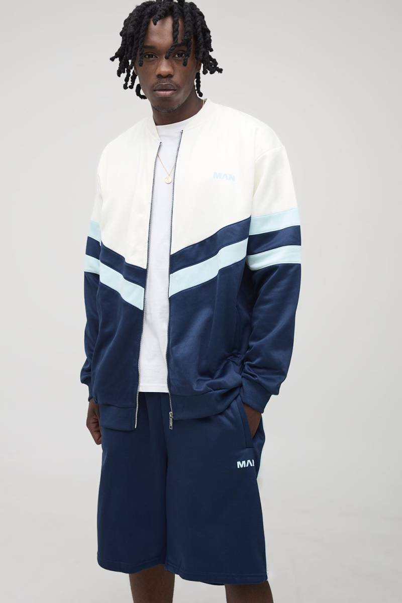 Tall Man Colorblock Trikot-Jacke mit Trichterkragen & Oversize Shorts - Blau - 2XL, Blau von boohooman