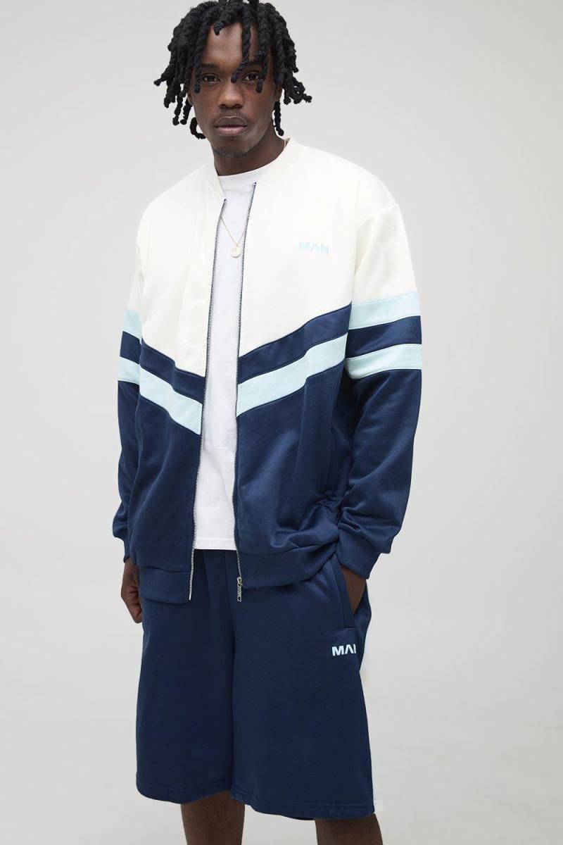 Tall Man Colorblock Trikot-Jacke mit Trichterkragen & Oversize Shorts - Blau - M, Blau von boohooman