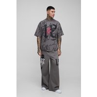 Tall Oversize T-Shirt mit Graffiti-Print & Jogginghose mit weitem Bein - Grau - S, Grau von boohooman