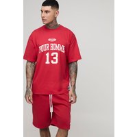 Tall Oversize T-Shirt & Shorts mit Pour Homme Print - Rot - S, Rot von boohooman