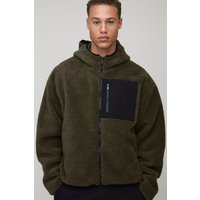 Tall Oversized Borg Zip Through Hooded Jacket - Khaki - L, Khaki von boohooman
