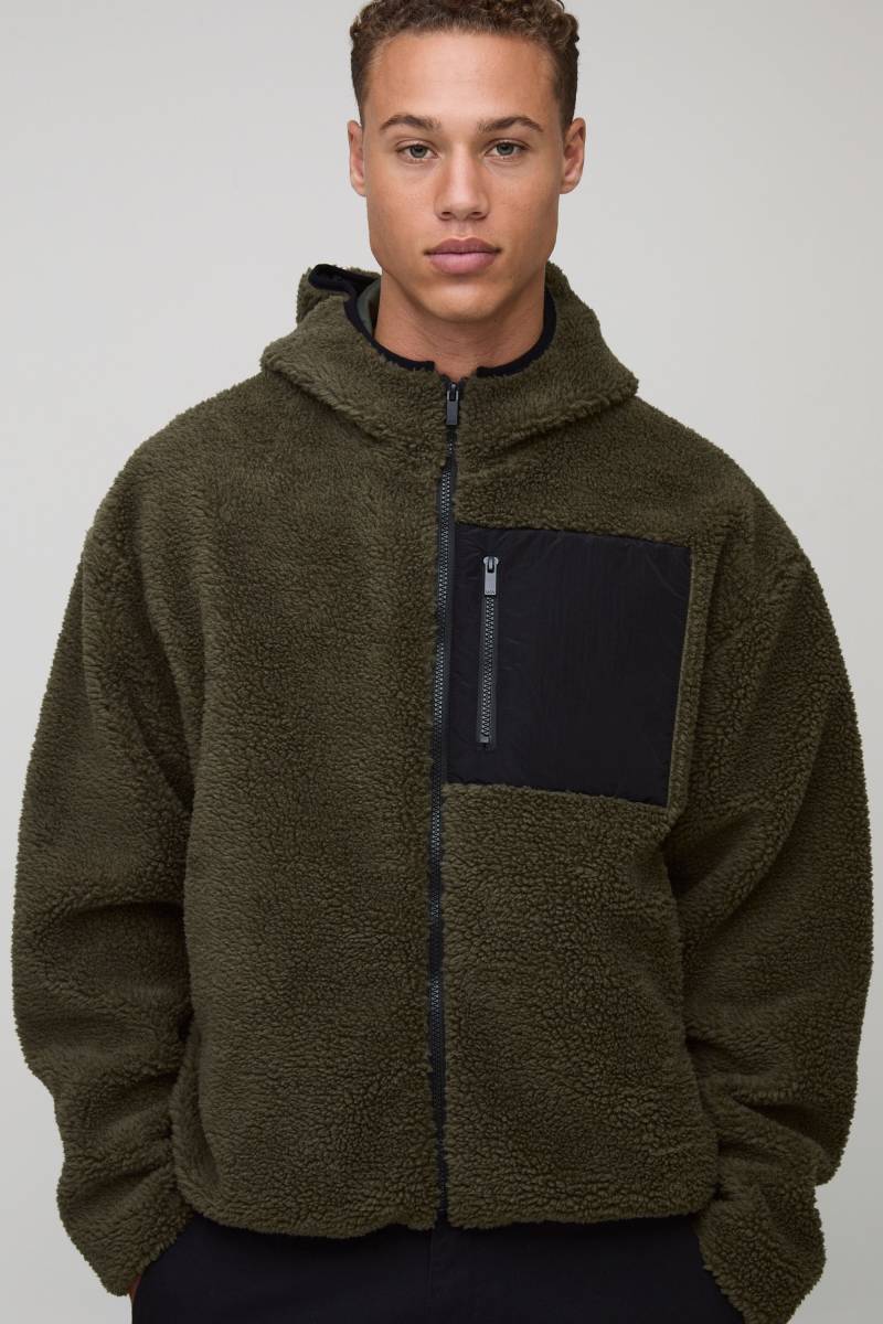 Tall Oversized Borg Zip Through Hooded Jacket - Khaki - M, Khaki von boohooman