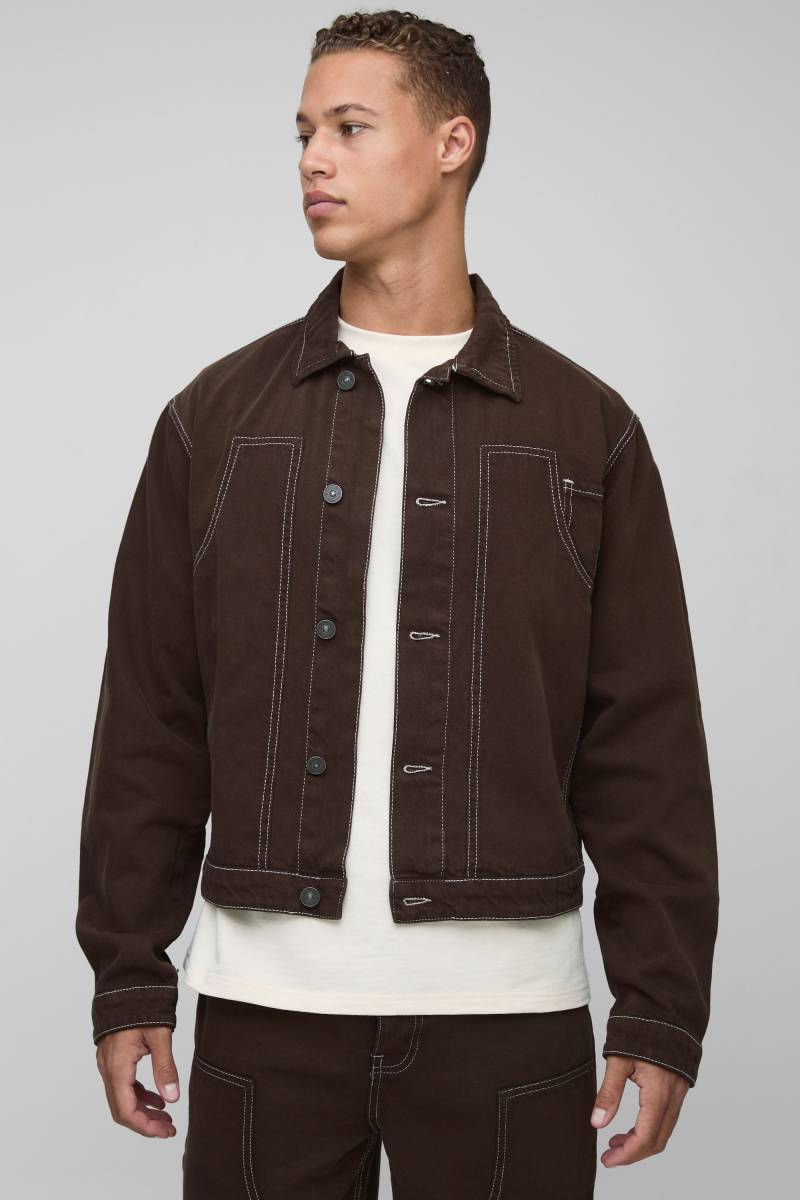 Tall Jeansjacke mit Kontrast-Naht - Braun - S, Braun Tall Jeansjacke mit Kontrast-Naht - Braun - S, Braun von boohooman