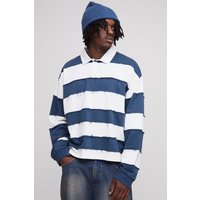 Tall langärmliges kastiges zerrissenes Oversize Rugby-Poloshirt - Blau - 2XL, Blau von boohooman