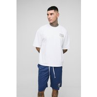 Tall kastiges Oversize T-Shirt mit Homme Club Stickerei & Mesh-Shorts - Blau - M, Blau von boohooman
