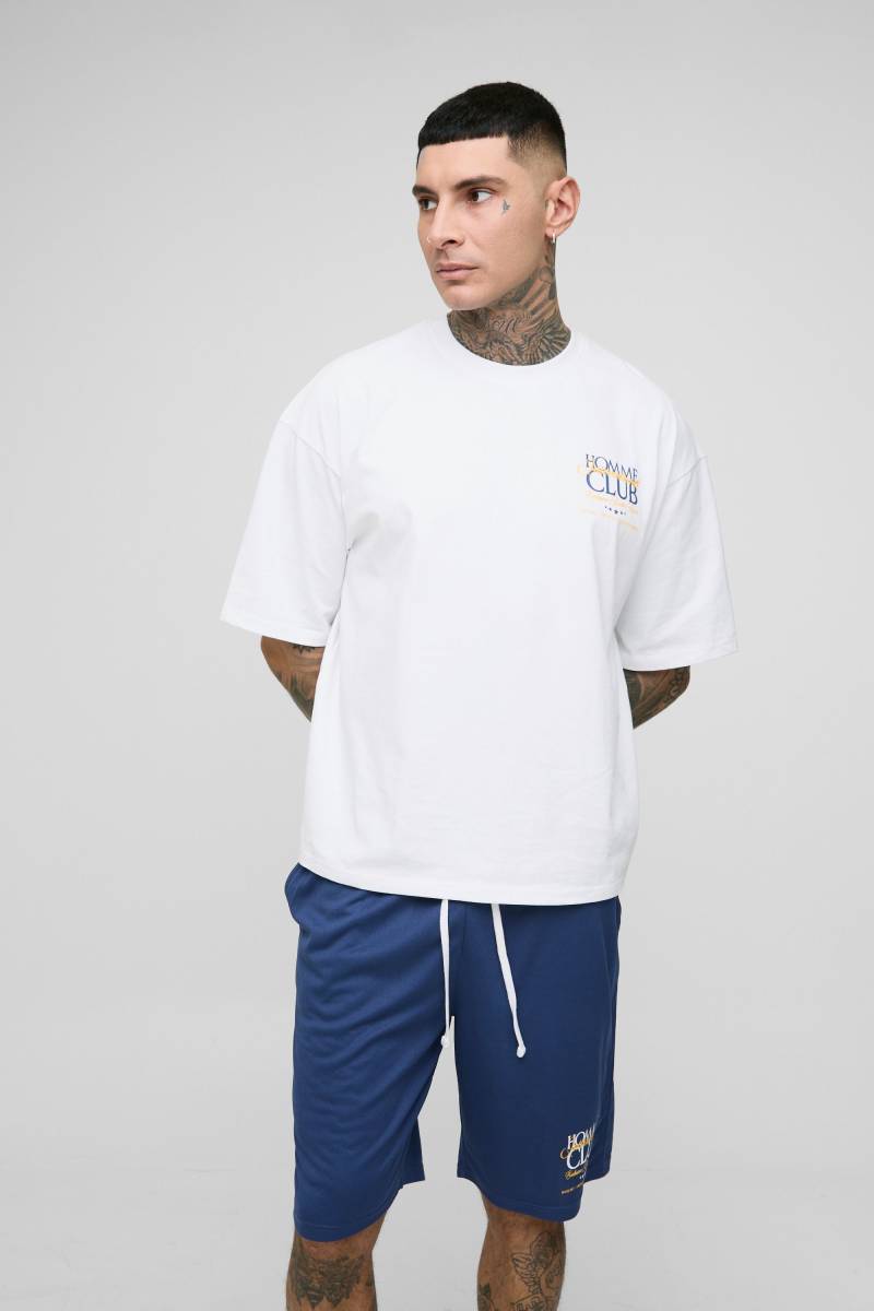 Tall kastiges Oversize T-Shirt mit Homme Club Stickerei & Mesh-Shorts - Blau - S, Blau von boohooman