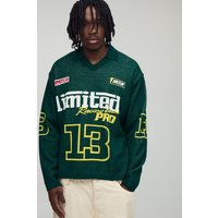 Tall langärmliges kastiges Oversize Moto Jacquard T-Shirt - Grün - XL, Grün von boohooman