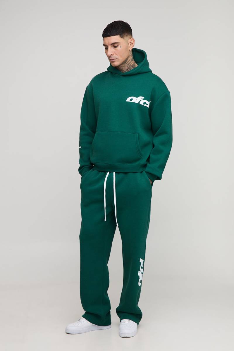 Tall Oversized Boxy OFCL Print Hoodie & Baggy Fit Extended Drawcord Jogger Tracksuit - Grün - M, Grün von boohooman