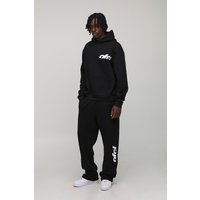 Tall Oversized Boxy OFCL Print Hoodie & Baggy Fit Extended Drawcord Jogger Tracksuit - Schwarz - M, Schwarz von boohooman