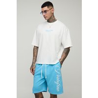 Tall kastiges Oversize T-Shirt mit Official Man Print & lockere Shorts - Weiß - XL, Weiß von boohooman