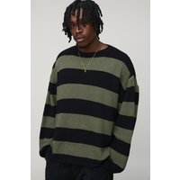 Tall kastiger gestreifter Oversize Pullover mit Rissen - Khaki - L, Khaki von boohooman