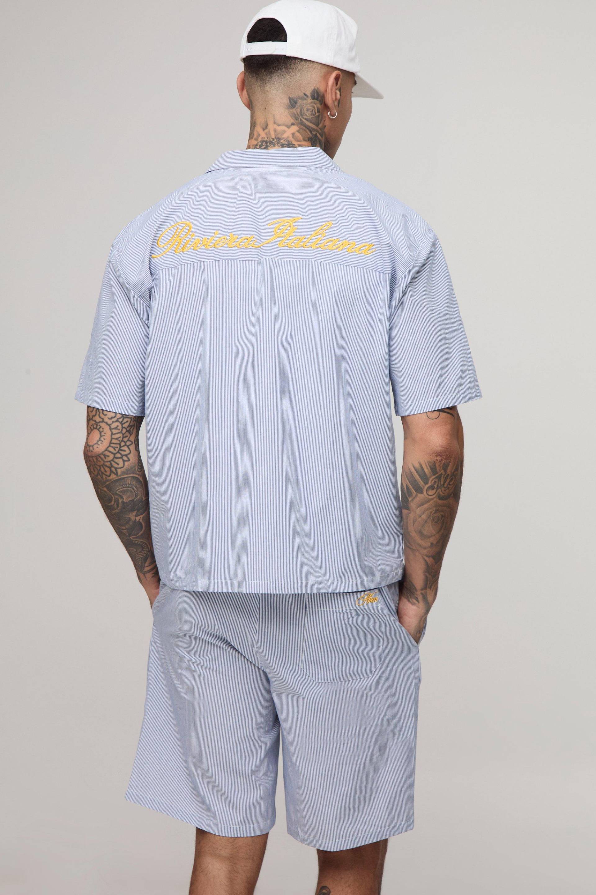 Tall kastiges gestreiftes Oversize Hemd und lockere Shorts - Blau - XL, Blau von boohooman