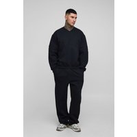 Tall kastiger Oversize Sweatshirt-Trainingsanzug mit V-Ausschnitt und Applikation - Schwarz - 2XL, Schwarz von boohooman