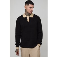 Tall Oversized Contrast Placket Knitted Polo Shirt - Schwarz - XL, Schwarz von boohooman