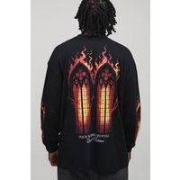 Tall langärmliges Oversize T-Shirt mit Flammen-Print - Schwarz - M, Schwarz von boohooman