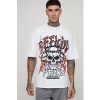 Tall Oversized Extended Neck Graffiti Bronx Skulls Print T-Shirt - Weiß - XL, Weiß von boohooman