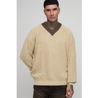 Tall Oversize Kontrast-Pullover mit V-Ausschnitt - Ecru - M, Ecru von boohooman