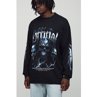 Tall langärmliges Oversize T-Shirt mit Official Totenkopf-Print - Schwarz - S, Schwarz von boohooman