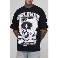 Tall Oversized Worldwide Gothic Skull Print T-Shirt - Schwarz - 2XL, Schwarz von boohooman