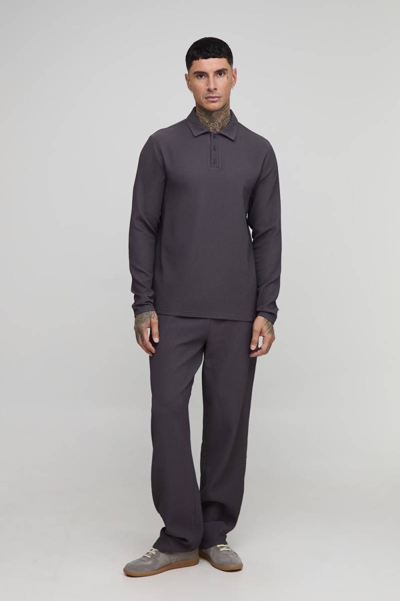 Tall Pleated Regular Long Sleeve Polo & Relaxed Trouser Set - Grau - 2XL, Grau Tall Pleated Regular Long Sleeve Polo & Relaxed Trouser Set - Grau - 2XL, Grau von boohooman