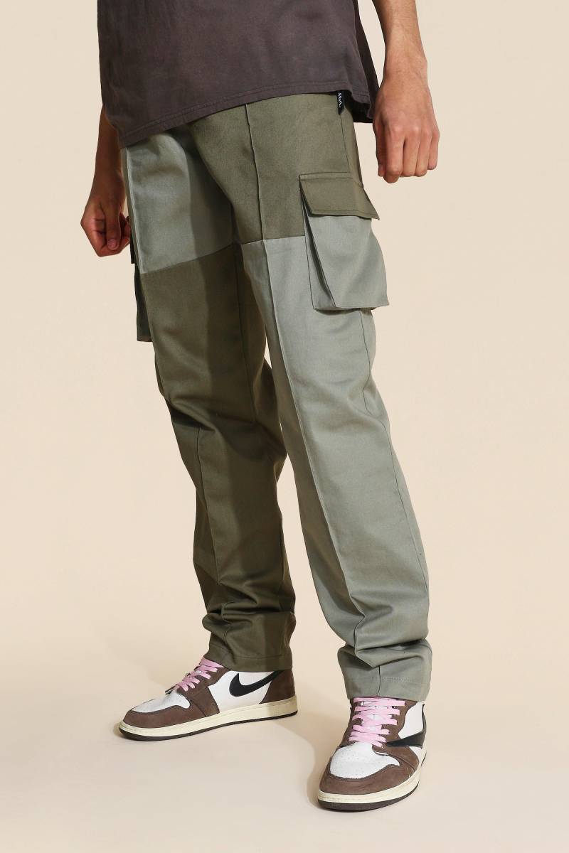 Tall Regular Patchwork Twill Cargo-Hose - Khaki - M, Khaki von boohooman