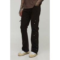 Tall zerrissene Slim-Fit Schlagjeans mit geteiltem Saum - Braun - 30, Braun von boohooman