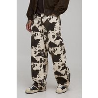 Tall Washed Baggy Fit Cow Print Jeans - Braun - 32, Braun von boohooman