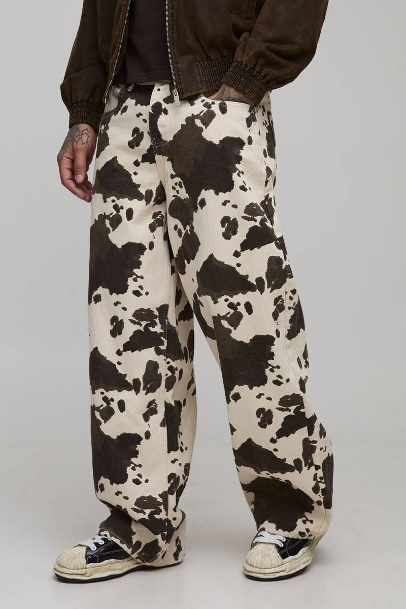 Tall Washed Baggy Fit Cow Print Jeans - Braun - 40, Braun von boohooman