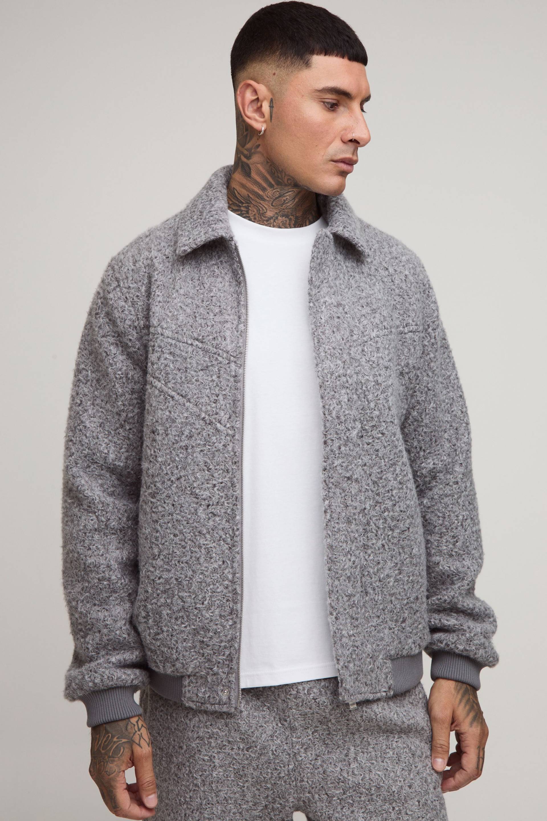 Tall Bomberjacke in Wolloptik mit Kragen - Grau - XL, Grau von boohooman