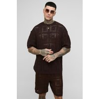Tall gehäkeltes T-Shirt & Shorts Set - Braun - L, Braun von boohooman