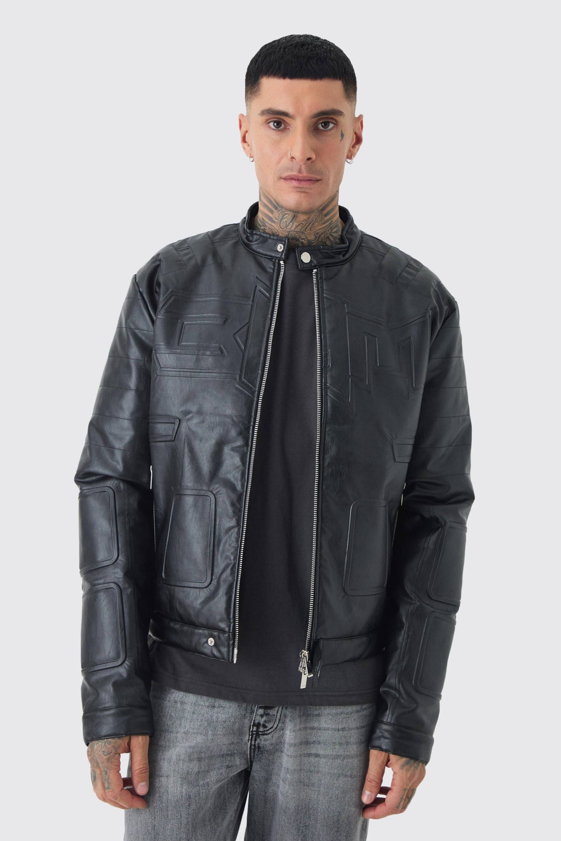 Tall kastige kragenlose Bhm PU Moto-Bikerjacke in Schwarz von boohooman