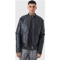 Tall kastige kragenlose Bhm PU Moto-Bikerjacke in Schwarz von boohooman