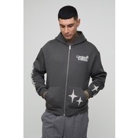 Tall kastiger Oversize Hoodie mit Worldwide-Print und Reißverschluss - Grau - M, Grau von boohooman