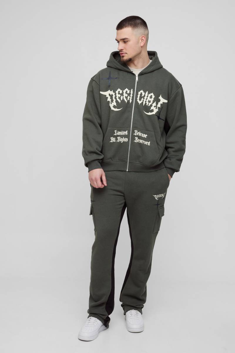 Tall kastiger Oversize Official Trainingsanzug mit Kapuze - Khaki - S, Khaki von boohooman