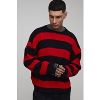 Tall kastiger gestreifter Oversize Pullover mit Rissen - Rot - 2XL, Rot von boohooman