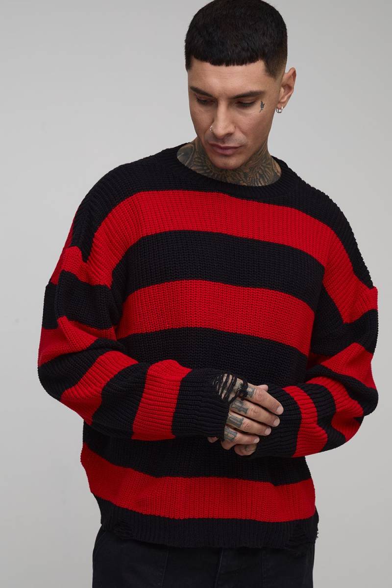 Tall kastiger gestreifter Oversize Pullover mit Rissen - Rot - 2XL, Rot Tall kastiger gestreifter Oversize Pullover mit Rissen - Rot - 2XL, Rot von boohooman