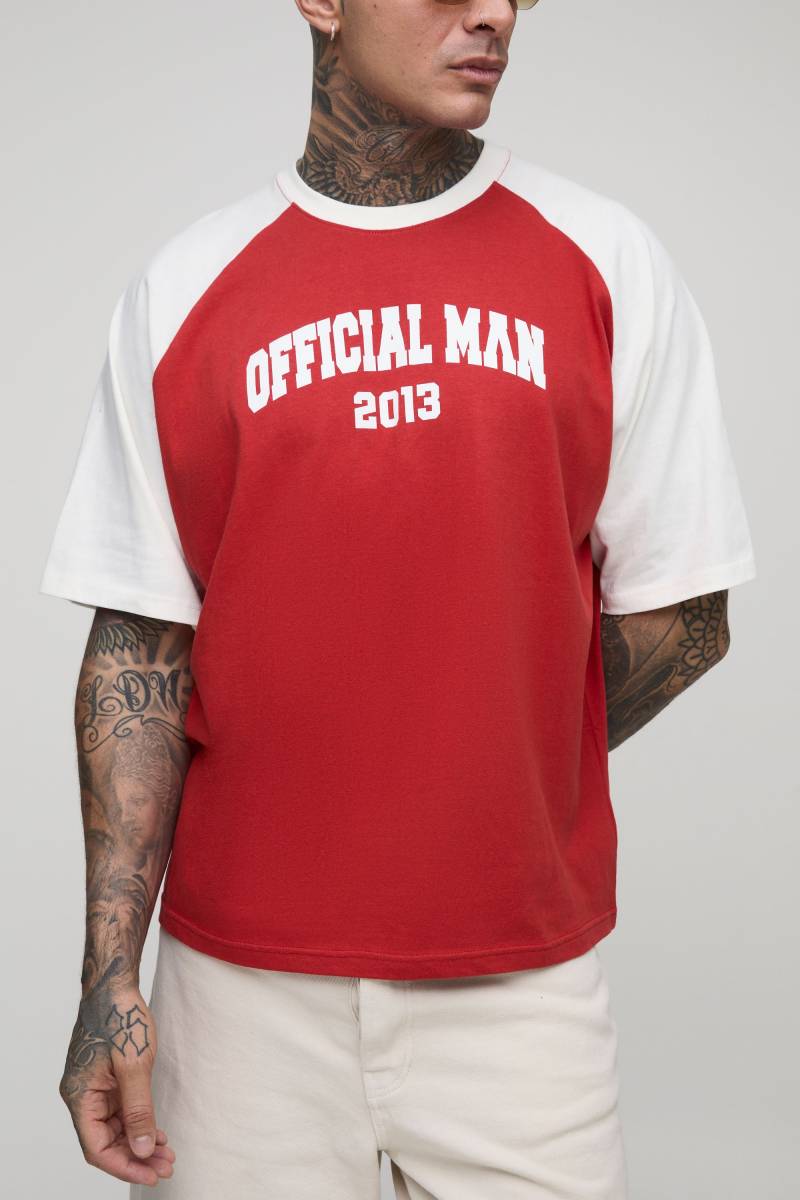 Tall kastiges Oversize Official Kontrast Raglan T-Shirt - Rot - S, Rot Tall kastiges Oversize Official Kontrast Raglan T-Shirt - Rot - S, Rot von boohooman