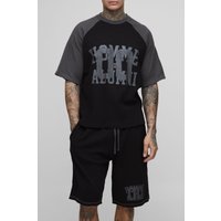 Tall kastiges Oversize Raglan T-Shirt in Waffeloptik & Oversize Shorts - Schwarz - S, Schwarz von boohooman