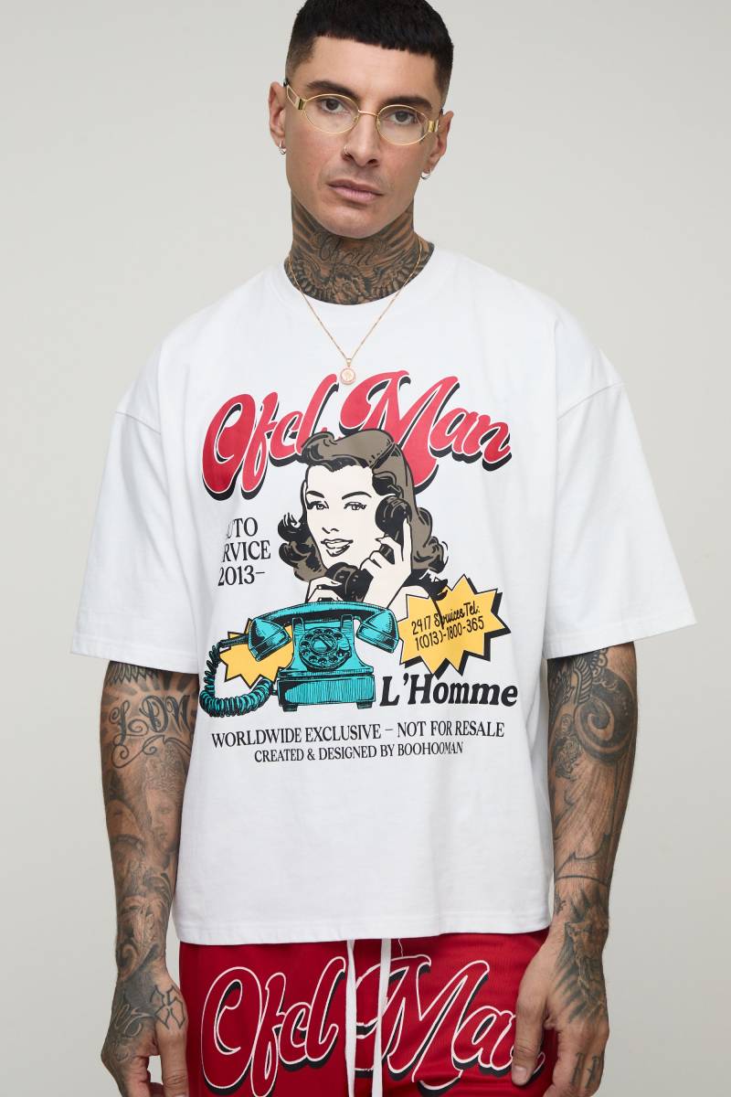 Tall kastiges Oversize T-Shirt mit Print - Weiß - M, Weiß von boohooman