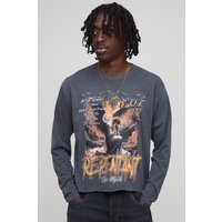 Langärmliges kastiges T-Shirt mit rohem Saum - washed charcoal - M, washed charcoal von boohooman