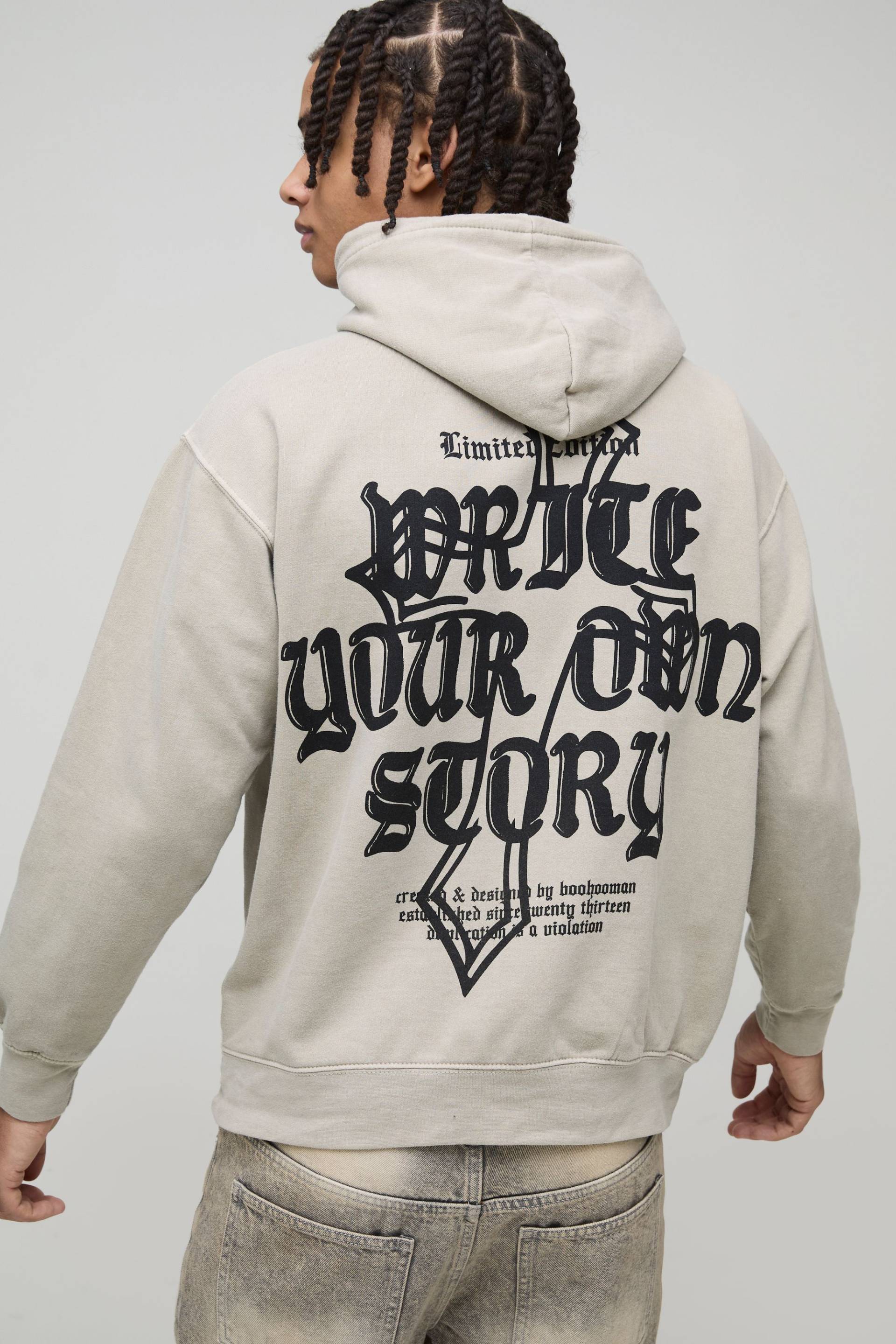 Hoodie mit Text Print - Beige - L, Beige von boohooman