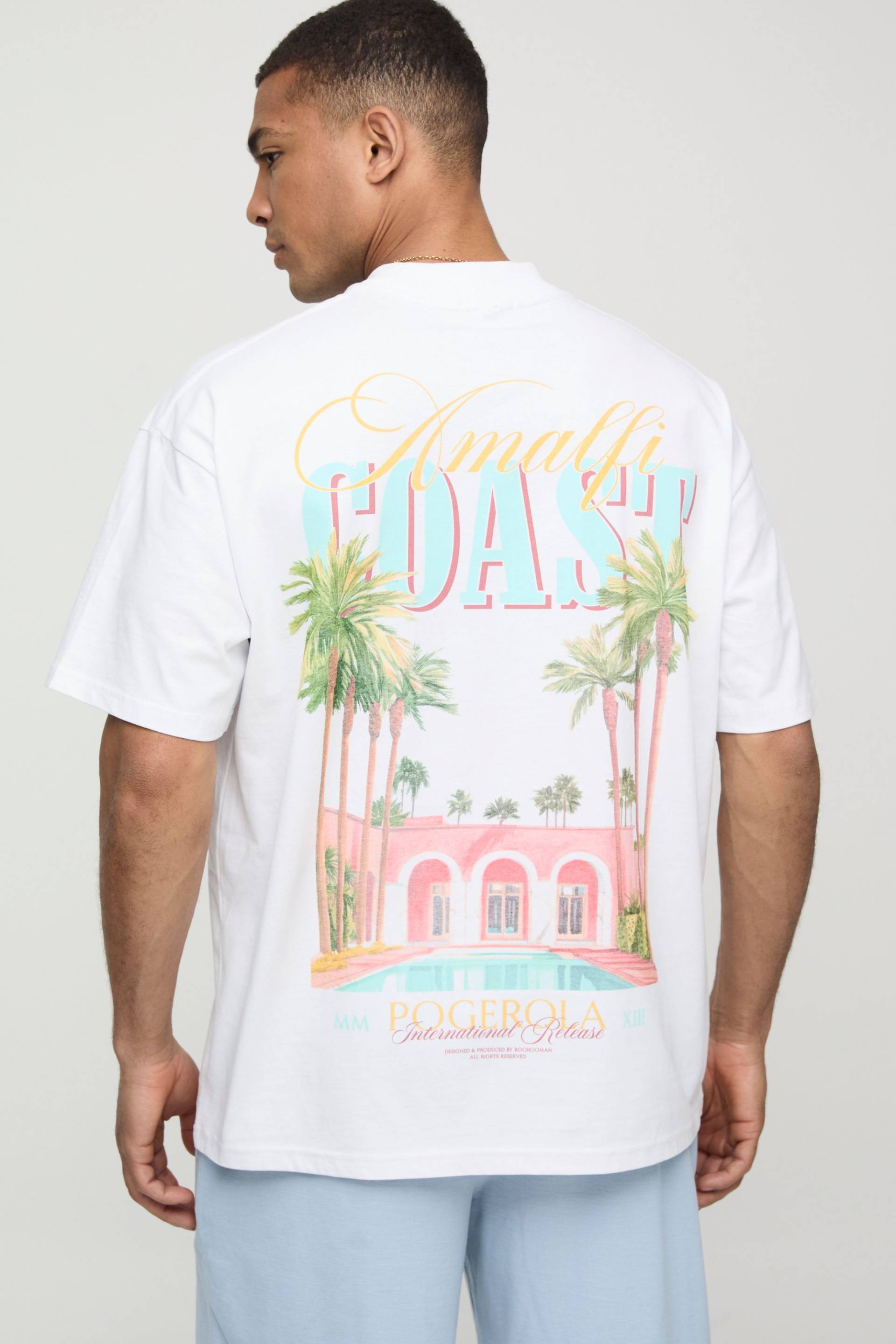 Weißes Oversize Man T-Shirt mit Amalfi Coast Palmen Print - XS, Weiß von boohooman