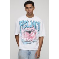 Weißes kastiges Oversize T-Shirt mit Print - XS, Weiß von boohooman