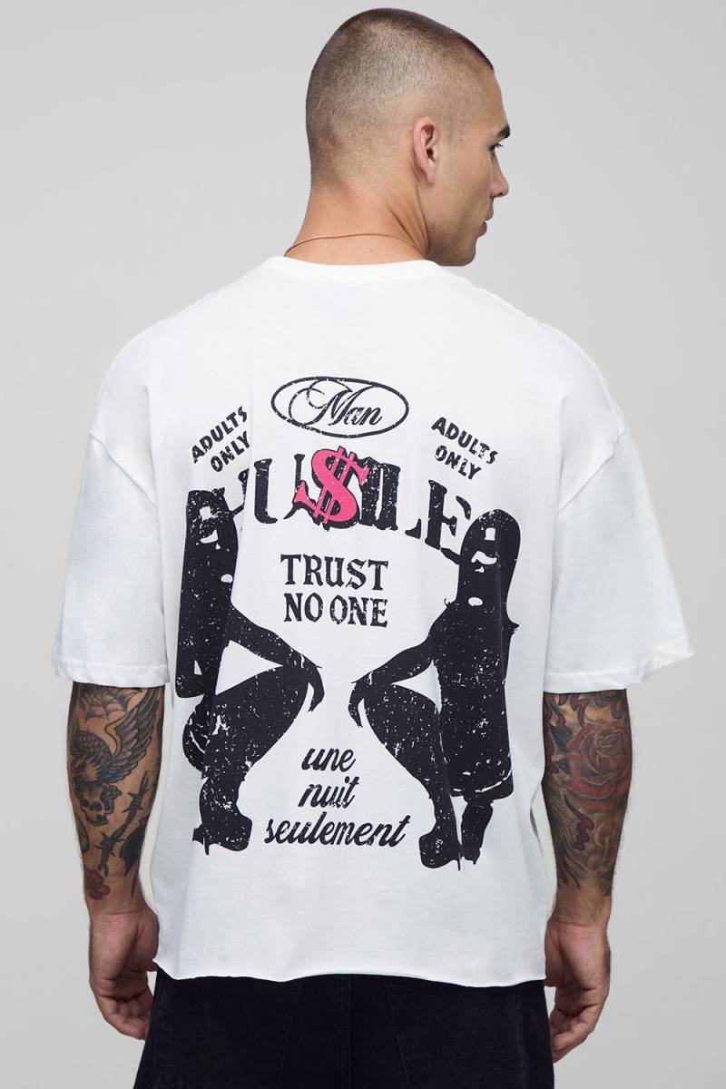 Weißes kastiges Oversize T-Shirt mit Print - L, Weiß von boohooman