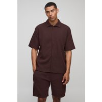 Zweifarbiges geripptes Oversize Jersey-Hemd & lockere Shorts - Braun - XS, Braun von boohooman
