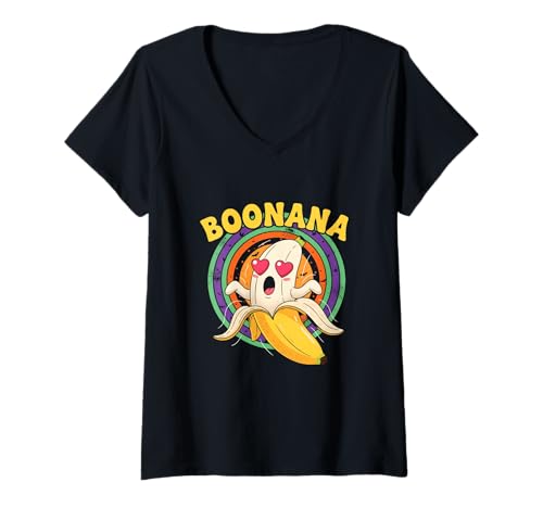 Damen Boonana Heart-Eyes Banane Retro T-Shirt mit V-Ausschnitt von boonana ghost banana halloween spooky pumpkin