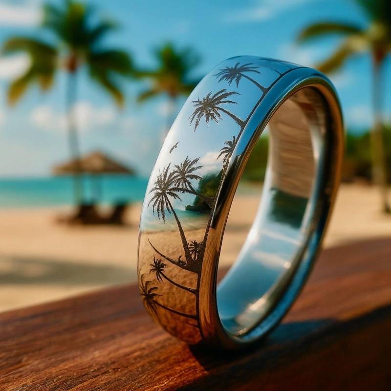 Paradies Titanring - Lasergravierte Palme & Ozean Ehering von boonerings