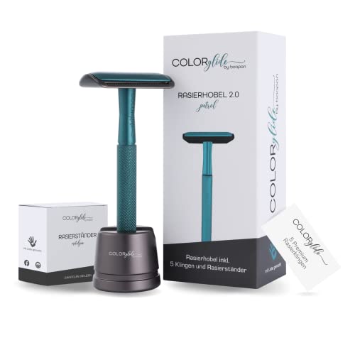 COLORglide® Rasierhobel Damen inkl. Rasierhobel Ständer & 5 Klingen | Rasierhobel Frauen Zero Waste | Safety Razor Rasierhobel Set | Rasierer Frauen geschlossener Kamm | boopan Damen Rasierer (Petrol) von boopan MAKES THE WORLD BETTER