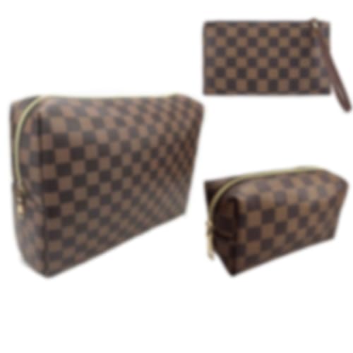 bopo Kosmetiktasche, 3er-Pack, 1 große Tasche, 1 Make-up-Pinselhalter, 1 Münzgeldbörse, tragbare Reise-Make-up-Tasche, leicht und wasserdicht, Aufbewahrungstasche, Organizer (braun kariert, 3 von bopomofo